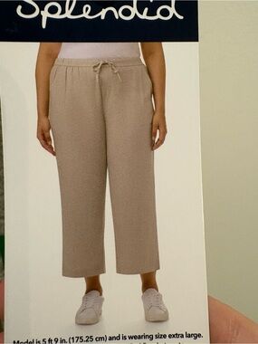 Splendid Beige Linen Cropped Drawstring Wide-Leg Pants